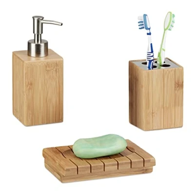 Immagine di Relaxdays Set Accessori Bagno in Bambù, 3 Oggetti per Lavandino, Dispenser, Porta Sapone e Portaspazzolini, Marrone