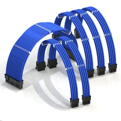 Immagine di LINKUP AVA 30cm Cavo di Prolunga PSU Personalizzato Mod PC GPU┃Intrecciato con Kit Pettine Compatibile RTX3090┃1x 24 P (20 + 4)┃2x 8 (4 4) CPU┃3x (6 2) Set GPU┃300mm Blu