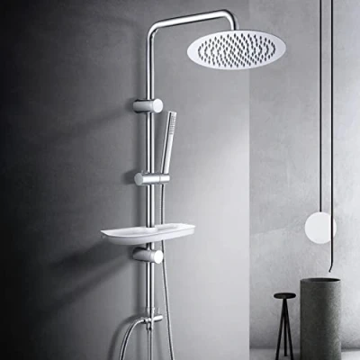 Immagine di Görbach Colonna Doccia Acciaio Inox Senza Miscelatore Fori Muro Regolabili idromassaggio Asta Saliscendi con soffione a Pioggia e Porta Ogetti Mensola(D25cm)
