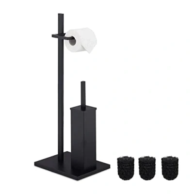 Immagine di Relaxdays Piantana Portarotolo e Scopino WC, Bagno per Carta Igienica Portascopino, 3 Teste Spazzolone, Nero, 70% 30% Acciaio Inox, Set da 1