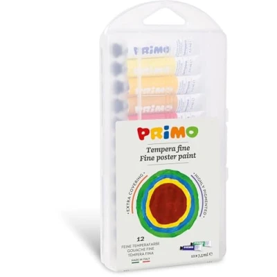 Immagine di PRIMO Tempere per Bambini +3 Anni in 12 Tubi da 7.5 ml, Colori Acquerellabili Diluibili con Acqua, a Tempera Fine Densi Coprenti Pittura Tessuti Carta Vetro Lavoretti Creativi