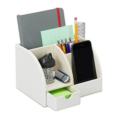 Immagine di relaxdays Portaoggetti da Scrivania, Similpelle, Organizer Ufficio &amp; Studio, 4 Scomparti, Portapenne,13x19x15 cm, Bianco, PU, Cartone, Tessuto, 1 Pz