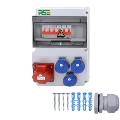 Immagine di Distributore di corrente da parete, completamente cablato, 32 A, 16 230 V, con contatore CEE IP65, 2,1 x 16a 3 LS