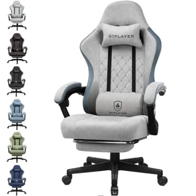Immagine di GTPLAYER Sedia da gaming, ergonomica, scrivania, con superficie in tessuto, cuscino a molla, braccioli di collegamento e poggiapiedi, Grigio