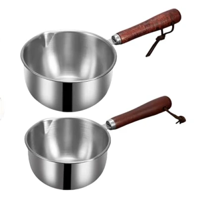 Immagine di 2 pezzi pentola per latte con beccuccio: padella in acciaio inox 304 manico legno, a induzione, olio, piccola cucina gas (300 ml + 400 ml)