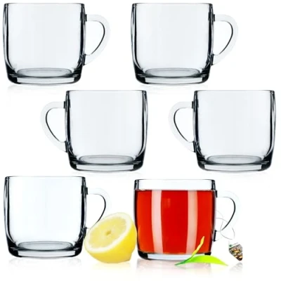 Immagine di KADAX Tazze da Tè in Vetro Trasparente per Bevande Calde e Fredde, Bicchieri Caffè con Manico Base Stabile, Tazzine Tisane (Set di 6, 310 ml)
