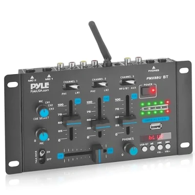 Immagine di Pyle Mixer DJ Wireless, Audio Bluetooth 3 Canali, Talkover Microfono, Lettore USB, RCA Phono/Linea, Ingresso Console DJ, Jack Cuffie
