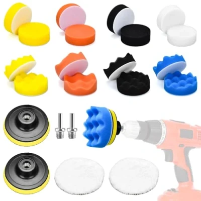 Immagine di Kit lucidatura auto, Set di 22 spugne per lucidatur, tampone auto 80mm, Ceretta con Adattatore Trapano e Cuscinetti in Lana