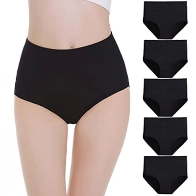 Immagine di Falechay Mutande Donna Pacco da 5 Culotte Vita Alta Slip Cotone Mutantina Elastiche Pantaloncini Post Parto Taglia Nero 2,3XL