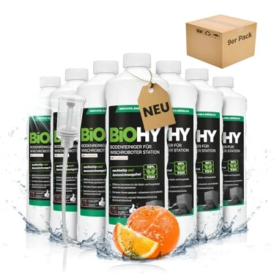 Immagine di BiOHY detergente per pavimenti robot, stazione con profumo arancione (9 x 1 litro) + dosatore, concentrato tutti i robot pulitore e aspirapolvere funzione bagnata, braccio di
