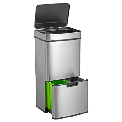 Immagine di WELL HOME Cestino per rifiuti 72L (47L+25L), con 2 scomparti, apertura automatica sensore, in acciaio inox, cromato