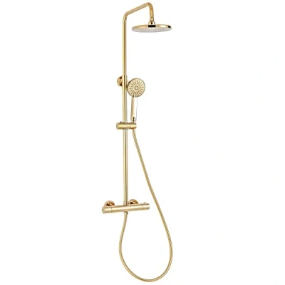 Immagine di SCHWÄNLEIN Sistema doccia anticalcare con termostato, a pioggia, soffione doccia, colonna ottone oro