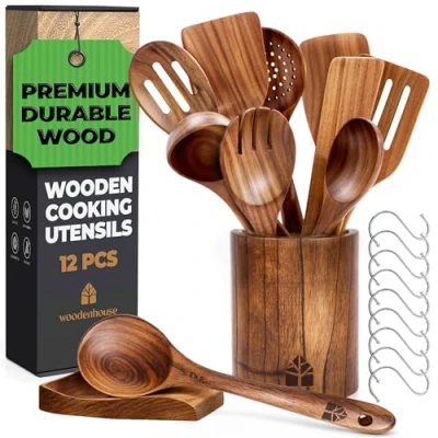 Immagine di Set Utensili Cucina in Legno di Cucchiaio con Supporto, Porta e Ganci, Teak Nonstick Resistente 12 Pezzi Woodenhouse