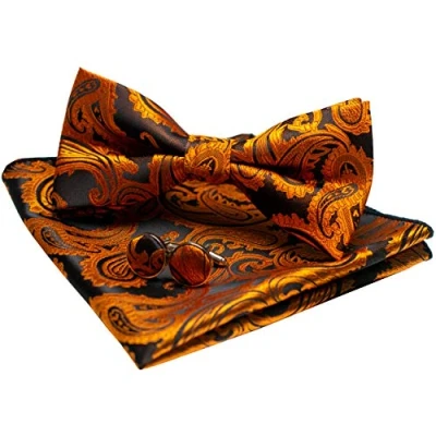 Immagine di JEMYGINS Papillon Uomo Arancione Paisley Design Regolabile in Diversi Colori Partito cena di gala con Fazzoletto e Gemelli