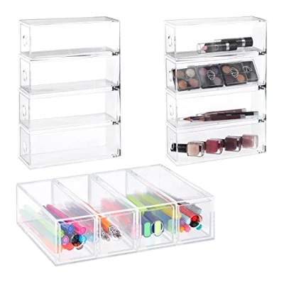 Immagine di Relaxdays Cassettiera Portaoggetti da Scrivania, in Set 3, Box Acrilico, HxLxP: 6 x 25 17,5 cm, Trasparente, 100% plastica