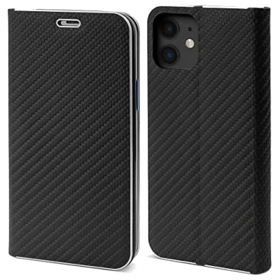 Immagine di Moozy Custodia a Libro per iPhone 12, 12 Pro, Carbonio Nera Protezione dei Bordi Metallici Flip Cover Portafoglio con Appoggio e Porta Carte