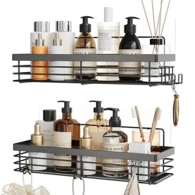 Immagine di Orimade Adesiva Mensola per Doccia Stoccaggio con 5 Ganci Appendere Rasoi e Spugne Il Bagno, Organizer la Cucina, Senza Forature Acciaio Inossidabile 2 Pezzi (Nero)