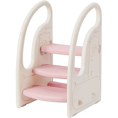 Immagine di Onasti Scaletta gradini, Sgabello a tre gradini per bambini, Sedile Addestramento WC, Bagno Multifunzione, Regolabile in Altezza, Funzione Antiscivolo (Rosa)