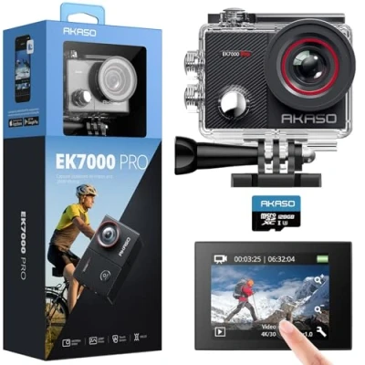 Immagine di AKASO EK7000 Pro Action Cam 4K 20MP WiFi con scheda di memoria microSDXC da 128 GB, Fotocamera Subacquea 40M, Impermeabile Videocamera EIS Stabilizzazione Touch Screen
