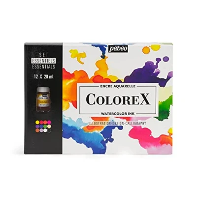 Immagine di Pebeo Colorex Scatola 12 flaconi assortiti da 20 ml Kit per disegno e illustrazione manga L&#039;essenziale inchiostro acquerello Colori complementari
