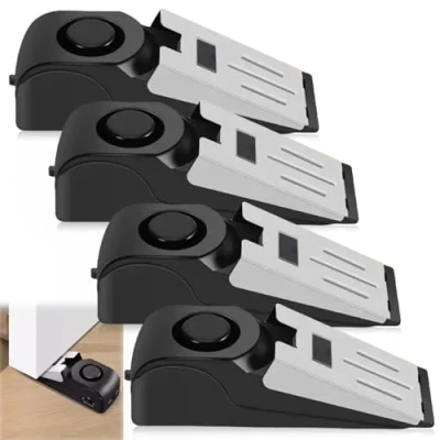 Immagine di Leikurvo Set di 4 fermaporta allarme, 120 dB, forte allarme ingresso portatile, con gomma antiscivolo e cuneo per porte antifurto, sicurezza case residenziali