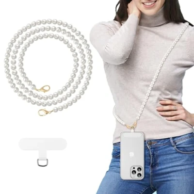 Immagine di MoKo Cordino Universale per Telefono, Perla Cellulare a Catena Crossbody Strap antifurto Staccabile Donne Cordini Intorno al Collo con Toppe, Bianco