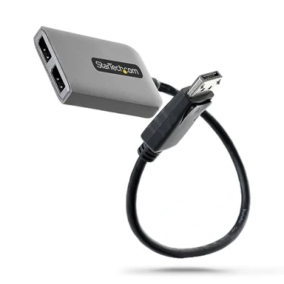 Immagine di StarTech.com Hub MST DisplayPort a 2 Porte Adattatore Multi Monitor DP 1.4 2x 5K 60Hz Splitter Video per Doppio Cavo Integrato extrta lungo, Solo Windows (MST14DP122DP)