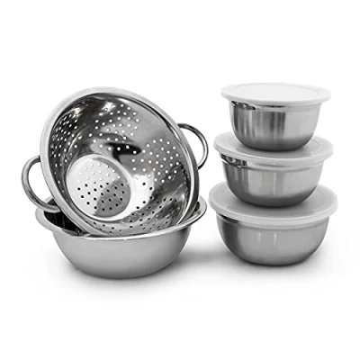 Immagine di Relaxdays Set 5 Ciotole in Acciaio Inox, Coperchio Salvafreschezza &amp; Scolapasta, Insalatiere, Box Portapranzo, Argento, Inossidabile, 30x24x10 cm, unità
