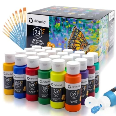 Immagine di Artecho Set di colori acrilici 24 x 59 ml con pennello da 10 pezzi, Impermeabili e resistenti alla luce, Non tossici, acrilici, Ideali per tela, carta tessuti