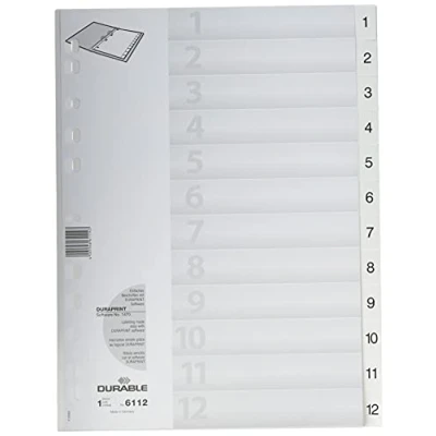 Immagine di Durable 611202 Divisorio con tasti prestampati 1 12, f.to A4 verticale, 12 tasti, copertina personalizzabile, foratura universale, bianco