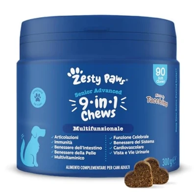 Immagine di Zesty Paws Multivitaminici 9 in 1 Integratore per cani Vitamine con Glucosammina e Condroitina Alimento Complementare Anziani di tutte le taglie Gusto Tacchino 90 Pezzi