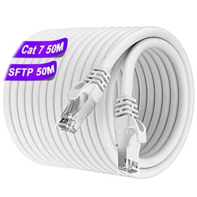 Immagine di Soibke Cavo Ethernet 50 Metri, Cat 7 Lan Alta Velocità Rete 24AWG 10Gbps 600MHz Wlan Gigabit RJ45 Internet SFTP Bianco Schermato Patch Impermeabile Esterno per Router