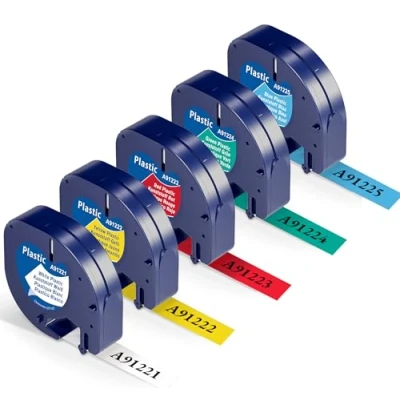 Immagine di 5x Wonfoucs Compatibile con Nastro Dymo LetraTag 12mm x 4m, 91201/91202/91203/91204/91205 Etichette per Etichettatrice LT 110T 100H 200B XR QX50, Nero su Bianco/Rosso/Giallo/Blu/Verde