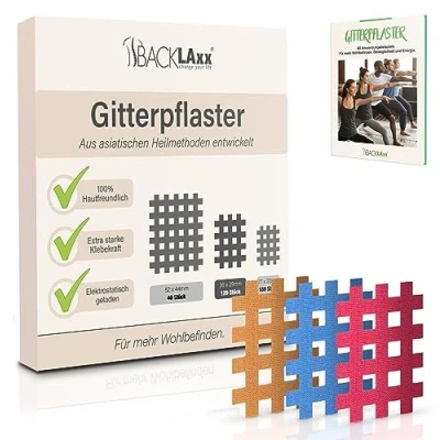 Immagine di BACKLAXX ® Nastro a griglia 120 pezzi di qualità premium Set cerotti in dimensioni tipo b eBook completo con 60 esempi utilizzo Cerotto per agopuntura Cross Tape