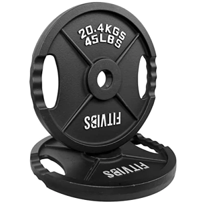Immagine di Signature Fitness Olympic Piastra in ghisa da 5,1 cm, per allenamento di forza e sollevamento pesi, stile a due fori, 20,4 kg, coppia