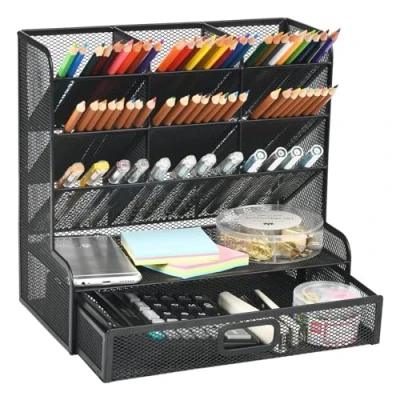 Immagine di Marbrasse Organizer Scrivania,Porta Penne per Scrivania Multifunzione,Portapenne da Scrivania,Organizer Ufficio,Casa,Portaoggetti Forniture Scolastiche(Nero con Cassetto)