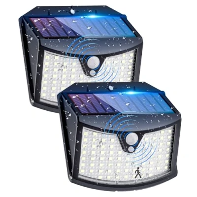 Immagine di Luce Solare LED Esterno, 3 Modos IP65 Impermeabile Faretto da Esterno con Sensore di Movimento, Lampada per Giardino, Parete, Garage (2 Pezzi Bianco Freddo)