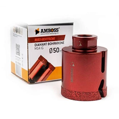 Immagine di Amboss RED Edition M14 Corona diamantata per smerigliatrice angolare in gres porcellanato, piastrelle dure, granito/corona di perforazione a secco ideale (Ø 50 mm)