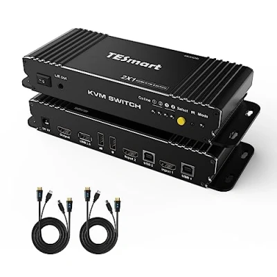 Immagine di TESmart HDMI KVM 2 Porte 4K 60Hz Versione Avanzata In 1 Uscita Interruttore Ultra HD Con Porta USB 2.0 e Audio L/R 18 Gbps HDCP 2.2 HDR10 Dolby Vision Collega Computer a Monitor/TV Nero