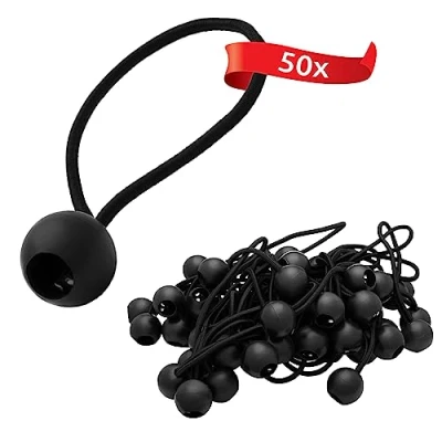 Immagine di ECENCE 50x gommini di tensionamento, set corde elastiche per fissaggio teloni, anelli espansori con gancio a sfera plastica, Nero