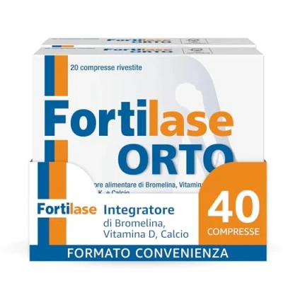 Immagine di Fortilase Orto, 40 Compresse, Integratore Alimentare di Bromelina, Vitamina D3, K2 e Calcio, Supporta il Sistema Osseo Articolare, 2 Confezioni da 20 Compresse