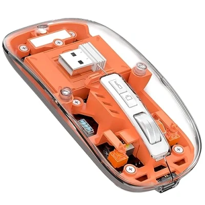 Immagine di MAGIC REFINER Mouse Wireless Ricaricabile, 2.4Ghz + Bluetooth 5.0 Silenzioso Senza Fili Ottico Ultra Sottile 2400 DPI, Gaming Trasparente, Batteria Visibile, per Laptop/PC/MacBook, Arancia