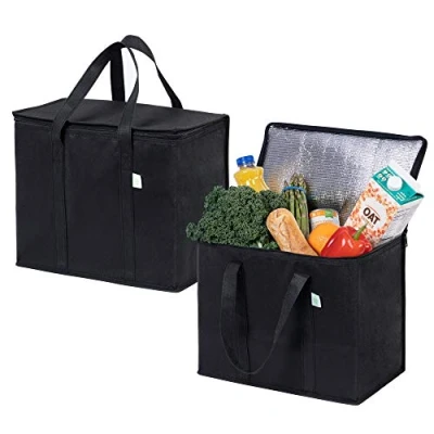 Immagine di VENO 2 Pz. borsa termica riutilizzabile, frigo grande con coperchio, manici durevoli, cerniere doppie, spesa resta in piedi, pieghevole porta pranzo, borse da picnic (Nero, Pz.)