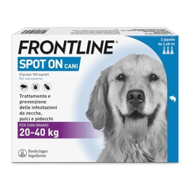 Immagine di FRONTLINE Spot On, 3 Pipette, Cane Taglia L, 20 40 Kg, Antiparassitario per Cani e Cuccioli di Lunga Durata, Protegge da Zecche, Pulci Pidocchi, Antipulci in Confezione Pipette