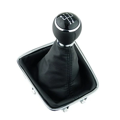 Immagine di L&amp;P A278 2 Cuffia del cambio, colore nero, 5 marce, 12 mm, compatibile con VW Golf Plus M 521 Tiguan I 5N Sharan II 7N, telaio cromato, set completo pomello in pelle PU Plug Play di ricambio
