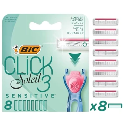 Immagine di BIC lame per rasoio da donna Click 3 Soleil Sensitive, confezione 8 ricariche bagnato curativo con