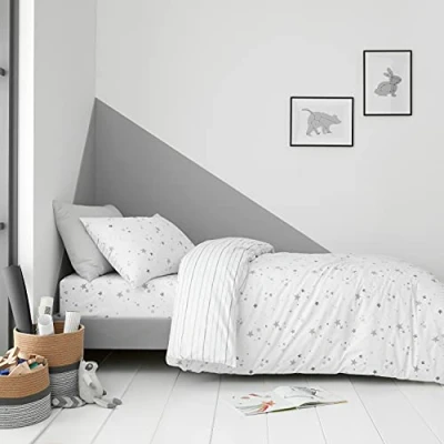 Immagine di Bianca Set copripiumino matrimoniale reversibile con federe in cotone, motivo stelle, grigio