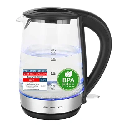 Immagine di Emerio WK 123131, bollitore in vetro da 1,7 l, senza BPA, borosilicato, 2200 Watt, bella illuminazione LED blu, spegnimento automatico, protezione surriscaldamento, con acciaio inossidabile