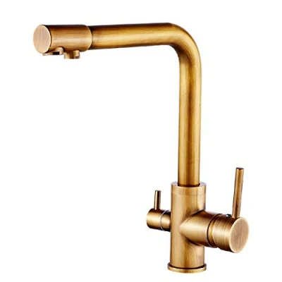Immagine di 3 Vie Rubinetto Cucina Per Sistemi Osmosi, Ottone Girevole a 360Miscelatore E Fredda Calda Regolabile Rubinetto, Miscelatore Doppia Maniglia Lavello Depuratore, Nero,stile Moderno