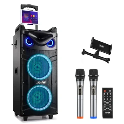 Immagine di Moukey Casse Karaoke, Sistema PA a doppio woofer con 2 Microfoni wireless, Luci da discoteca, Regolazione di eco/alti/bassi, Altoparlante portatile Bluetooth Supporto TWS/REC/AUX/MP3/USB/TF/FM